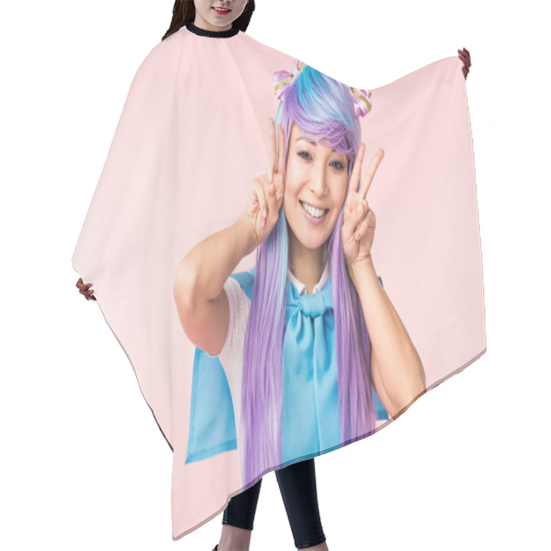 Personality  Pretty Asian Anime Girl In Purple Wig Showing Peace Signs Isolated On Pink Hair Cutting Cape