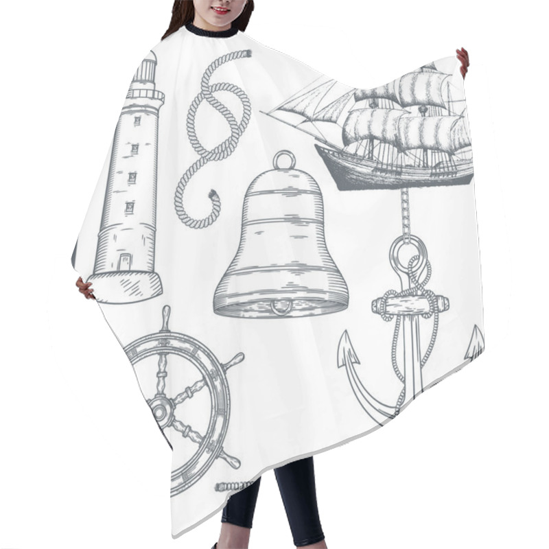 Personality  Hand Drawn Nautical Illustrations. Hair Cutting Cape