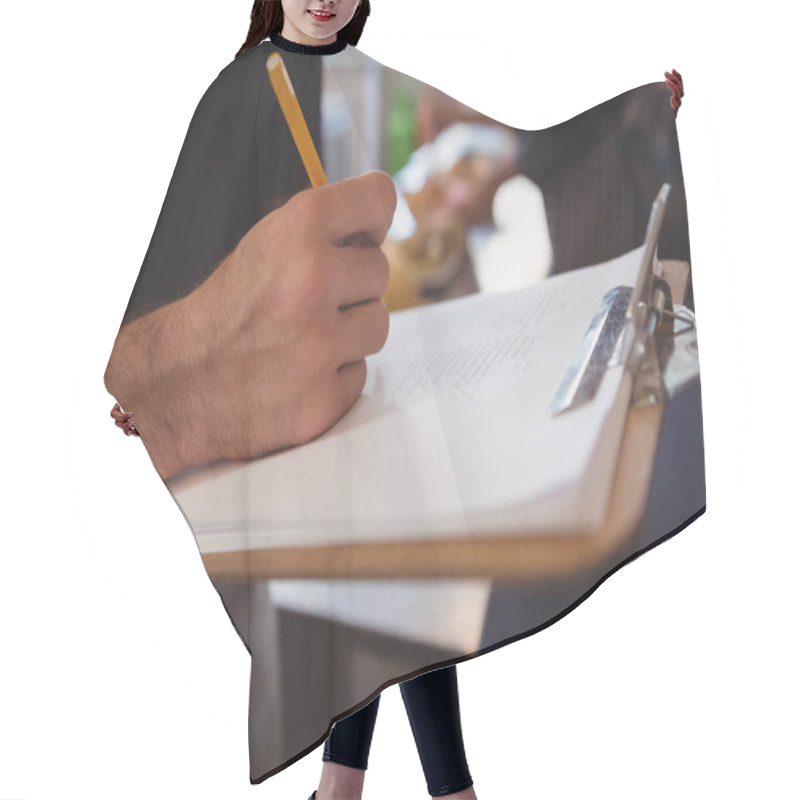 Personality  Cropped Hand Of Waiter Taking Order Hair Cutting Cape