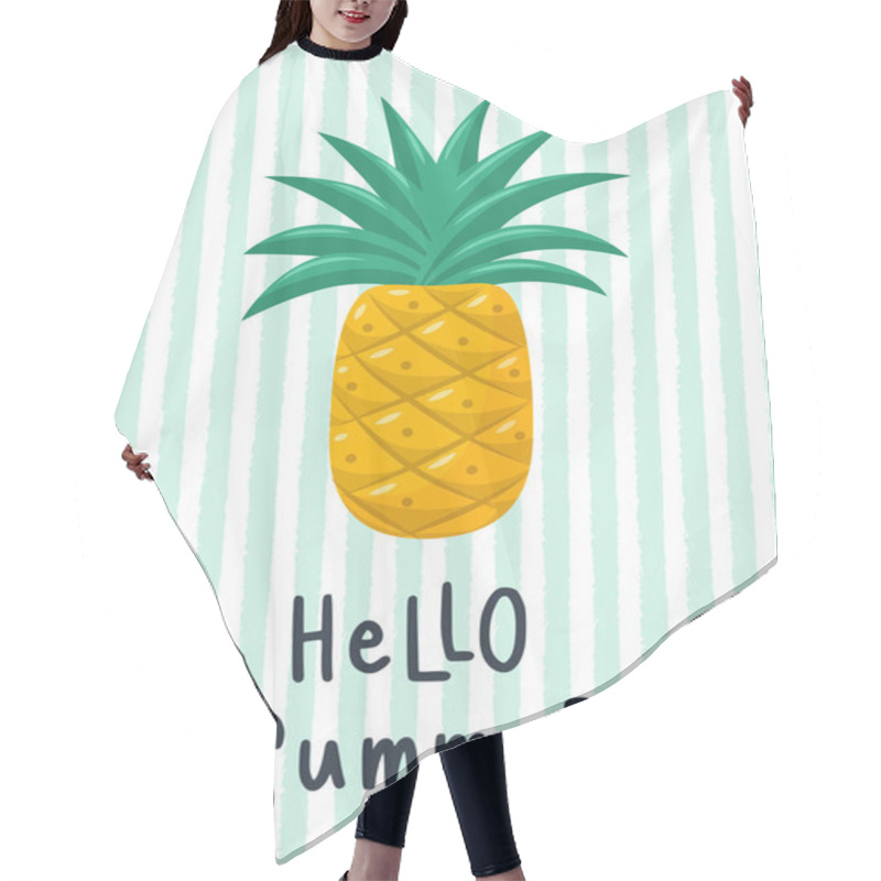 Personality  A Card With A Whole Pineapple With Leaves And The Inscription - Hello Summer. A Postcard With A Tropical Fruit. Vector Illustration In A Flat Cartoon Style On A Background Of Green Texture Stripes Hair Cutting Cape