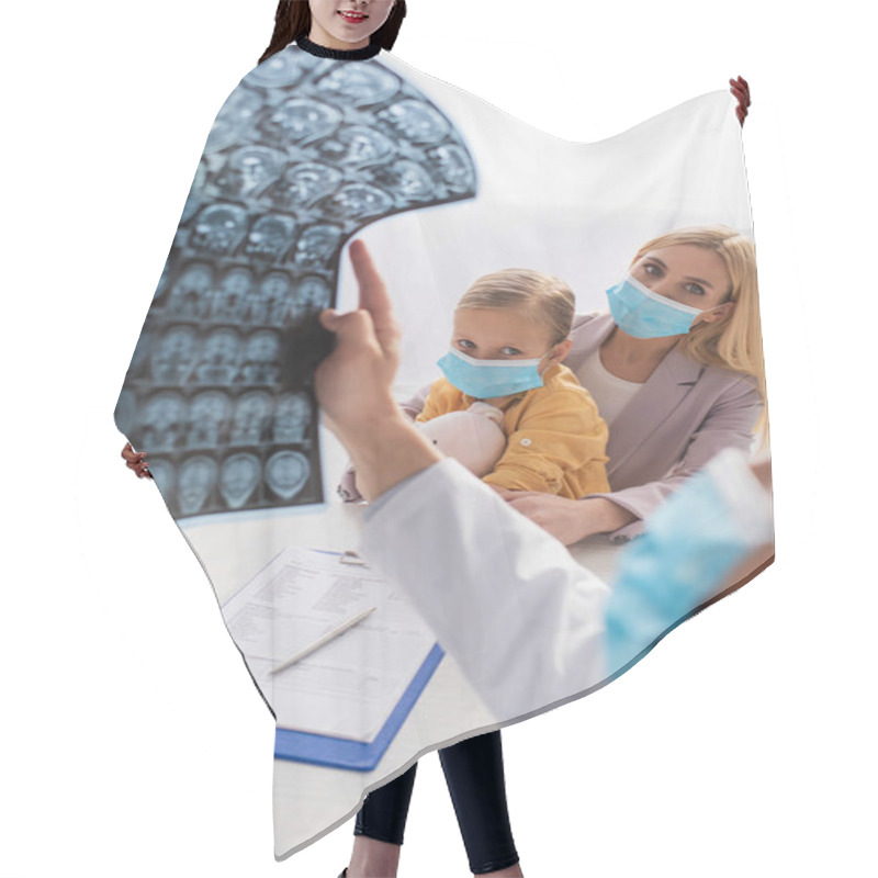 Personality  Mother And Kid In Medical Masks Looking At Pediatrician With Mri Scan On Blurred Foreground  Hair Cutting Cape