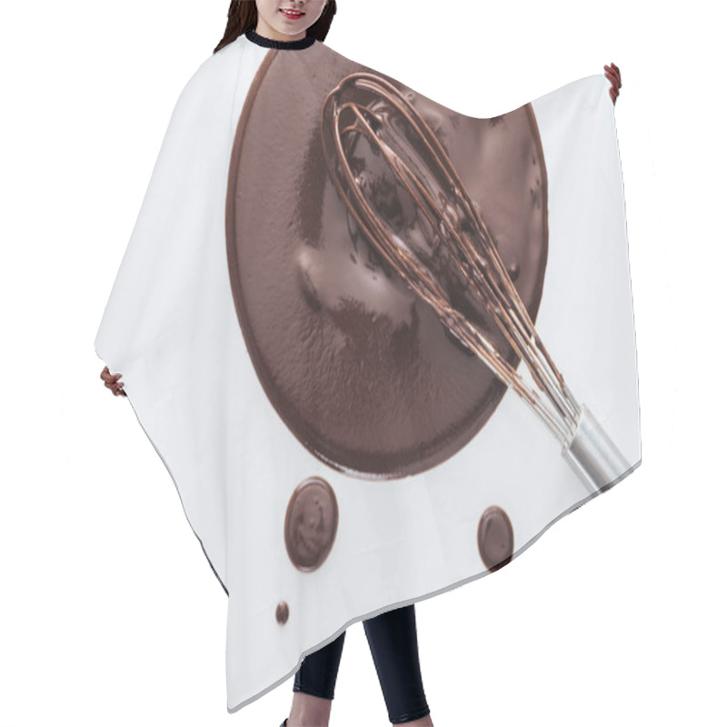 Personality  Top View Of Dirty Balloon Whisk With Circle Of Liquid Chocolate On White Background  Hair Cutting Cape