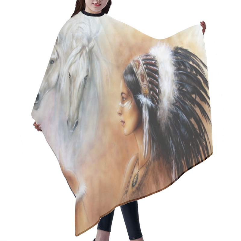 Personality  Beautiful Airbrush Painting Of A Young Indian Woman Wearing A Gorgeous Feather Headdress, With An Image Of Two White Horse Spirits Hovering Above Her Palm Hair Cutting Cape