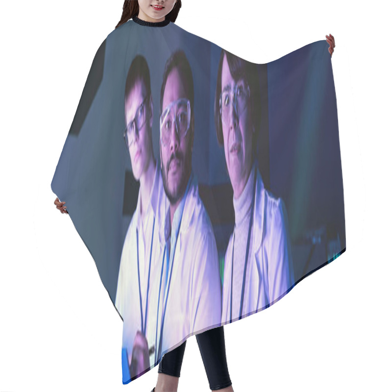 Personality  Banner, Three Scientists Engage In Headshot Analysis Within Neon-Lit Science Center. Hair Cutting Cape