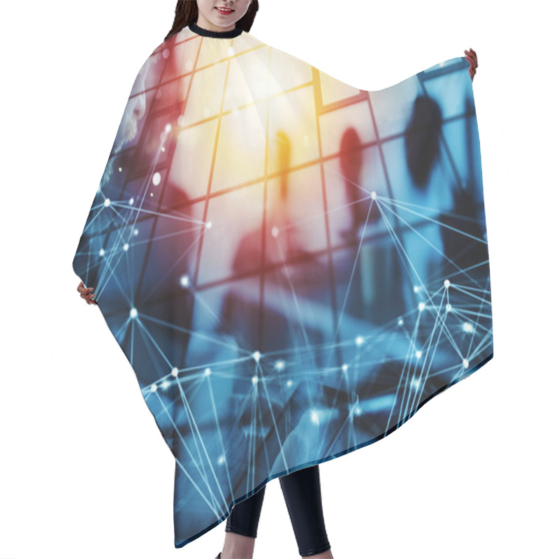 Personality  Business Man Works In Office With Tablet In The Foreground. Concept Of Teamwork And Partnership. Double Exposure With Network Effects Hair Cutting Cape