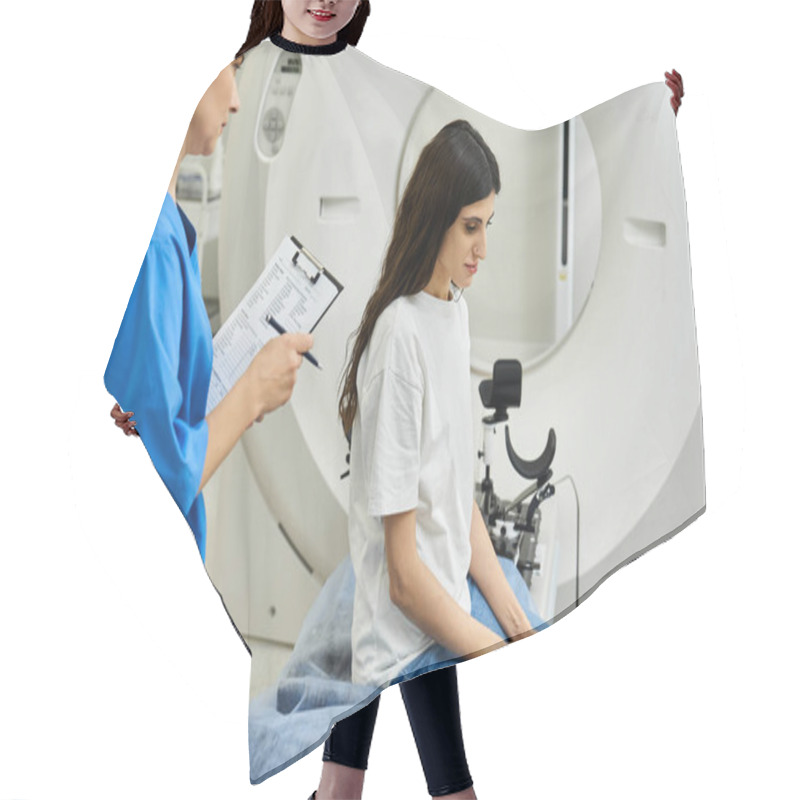 Personality  In A Modern Hospital, A Doctor In A Lab Coat Assists A Patient Preparing For An MRI Scan. Hair Cutting Cape