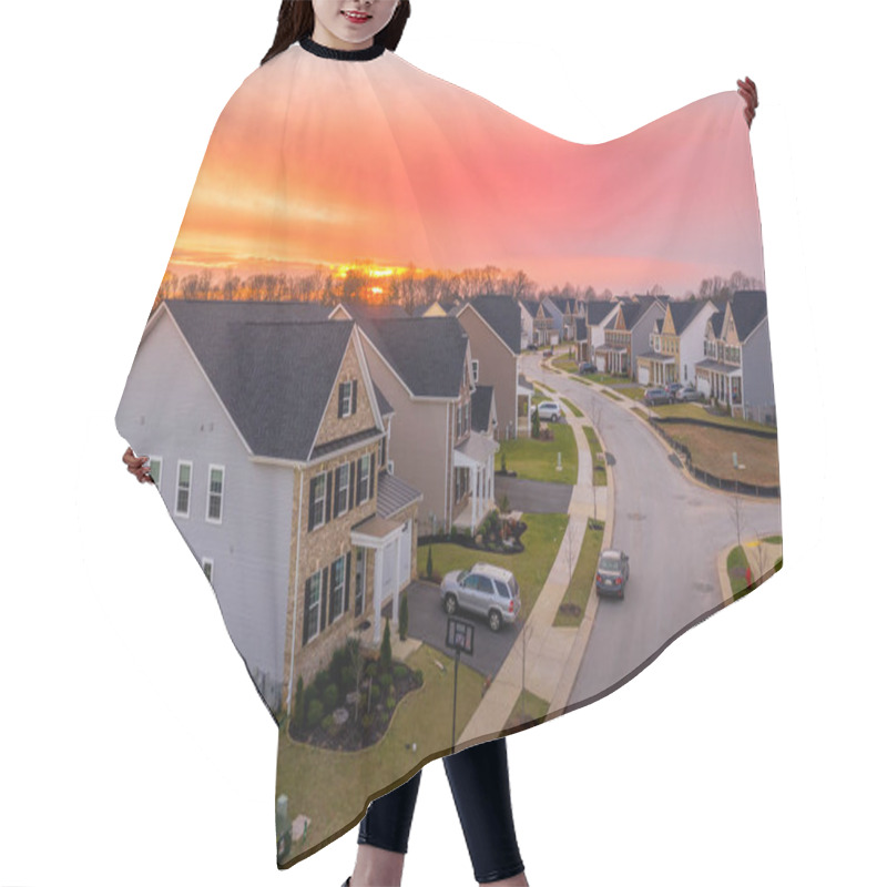 Personality  Aerial View Of A Classic Upper Middle Class Street Lined With Single Family Homes In The USA With Sunset Sky Hair Cutting Cape