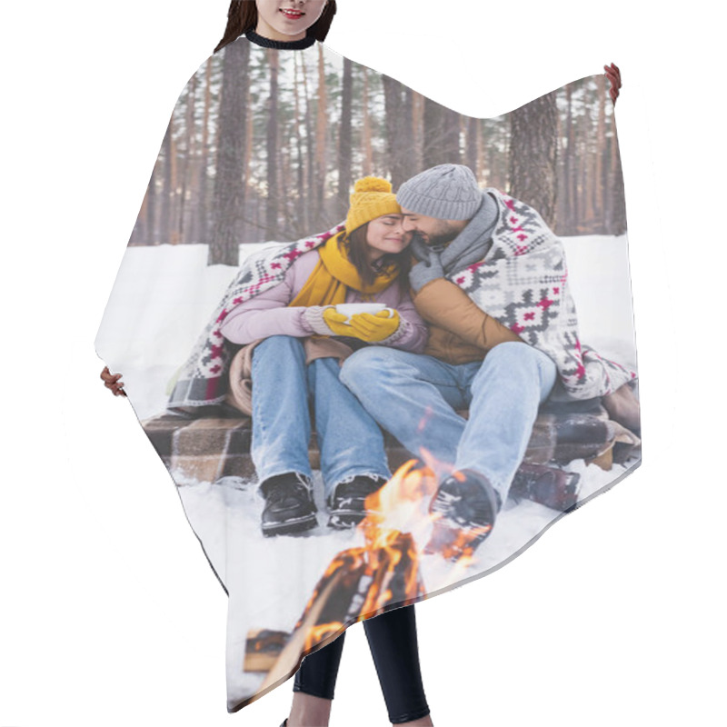 Personality  Young Couple With Blanket And Cup Warming Near Blurred Bonfire In Winter Park  Hair Cutting Cape