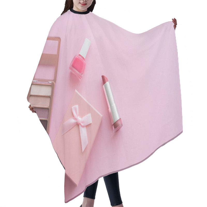 Personality  Top View Of Decorative Cosmetics Near Present With Bow On Pink Hair Cutting Cape