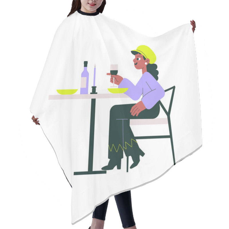 Personality  A Woman Seated At A Table Enjoying Wine And A Meal, Symbolizing Solitude, Fine Dining, And The Elegance Of Enjoying A Meal Alone. Hair Cutting Cape