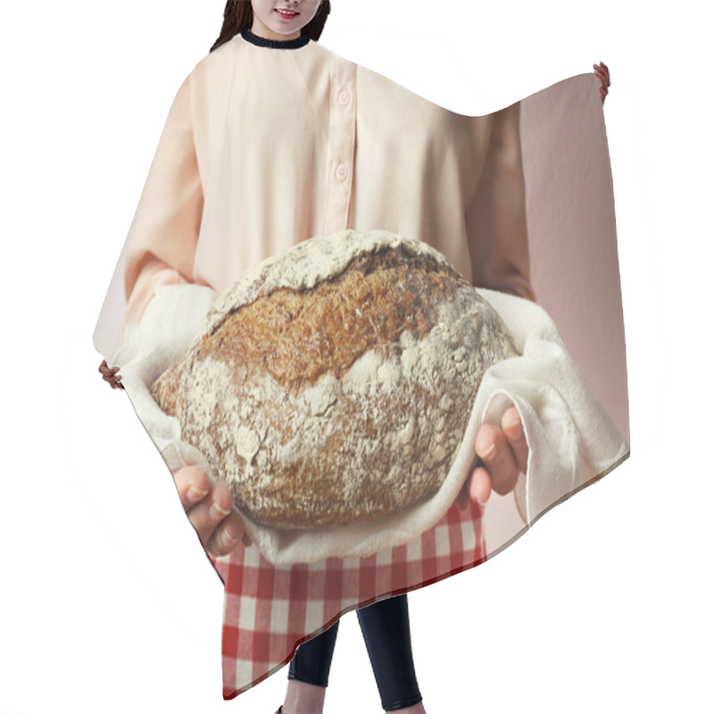 Personality  Woman Holding Tasty Fresh Bread, Close Up Hair Cutting Cape