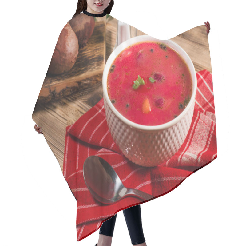 Personality  Red Borscht Soup In Bowl. Hair Cutting Cape