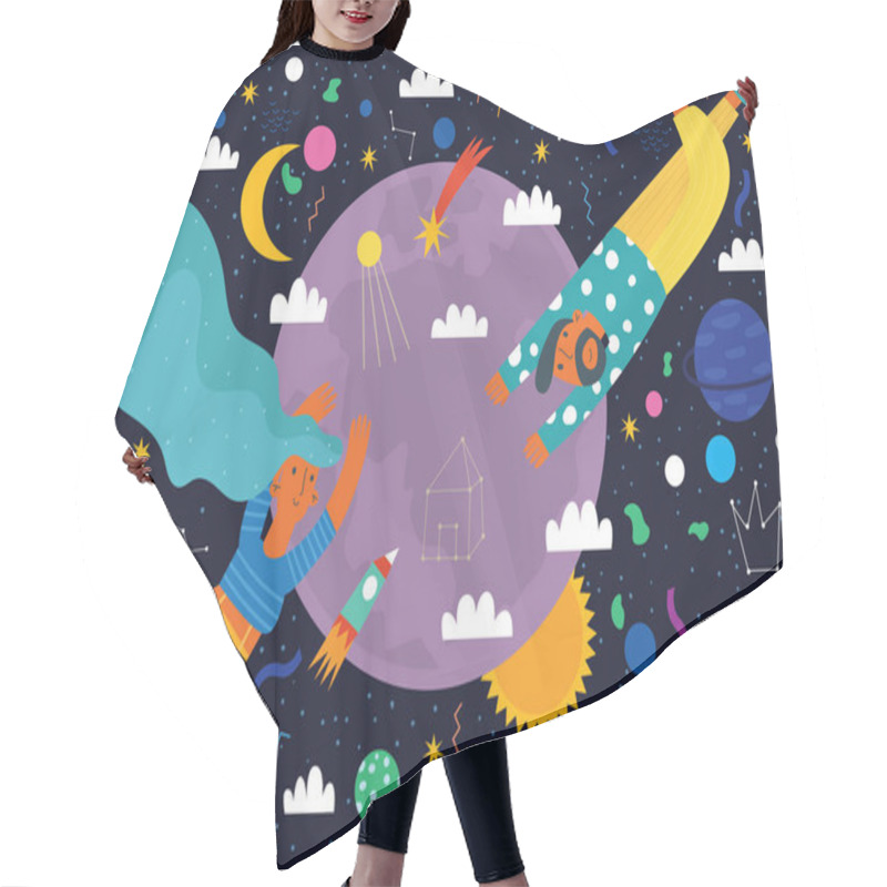 Personality  Vector Flat Cosmos Design Background. Hand-drawn Illustration With Lovers, Moon, Sun, Rocket, Planet And Comet -greeting Card Design Template Hair Cutting Cape