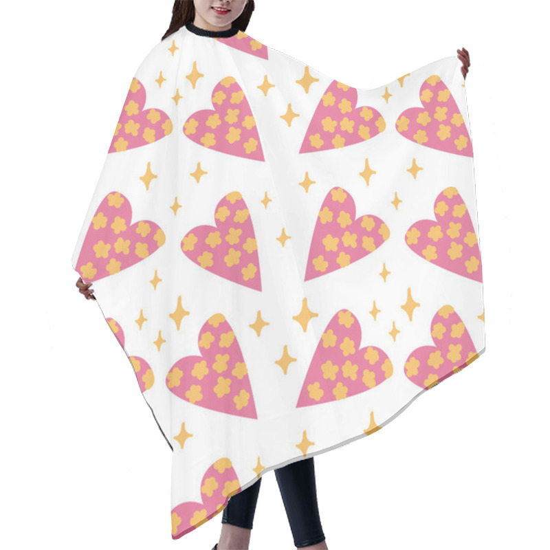 Personality  Pink Hearts With Yellow Floral Pattern And Golden Stars On White Background. Hair Cutting Cape