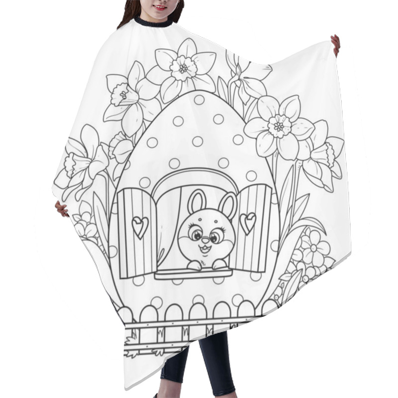 Personality  Cute Cartoon Little Rabbit Looks Out The Window In An Easter Egg House Surrounded By Flowers Outlined On White Background Hair Cutting Cape