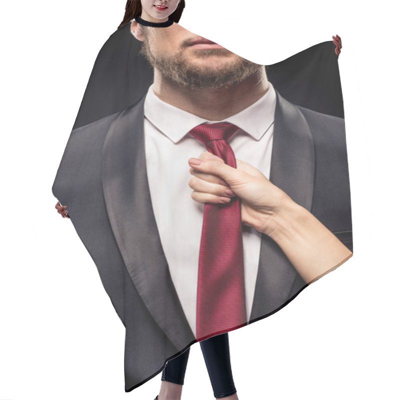 Personality  Woman Holding Businessman By Tie Hair Cutting Cape