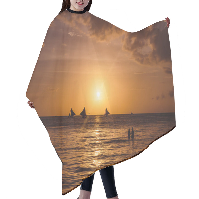 Personality  Sailing Boats And Silhouette Of Couple Against A Beautiful Sunset Hair Cutting Cape