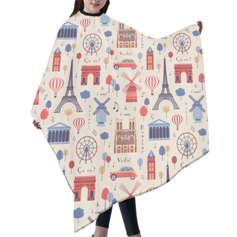 Personality  Paris Pattern With Architectural Symbols And Landmarks Of France. Eiffel Tower, Notre Dame, Arc De Triomphe, Pantheon And More On Vintage French Seamless Background. Hair Cutting Cape