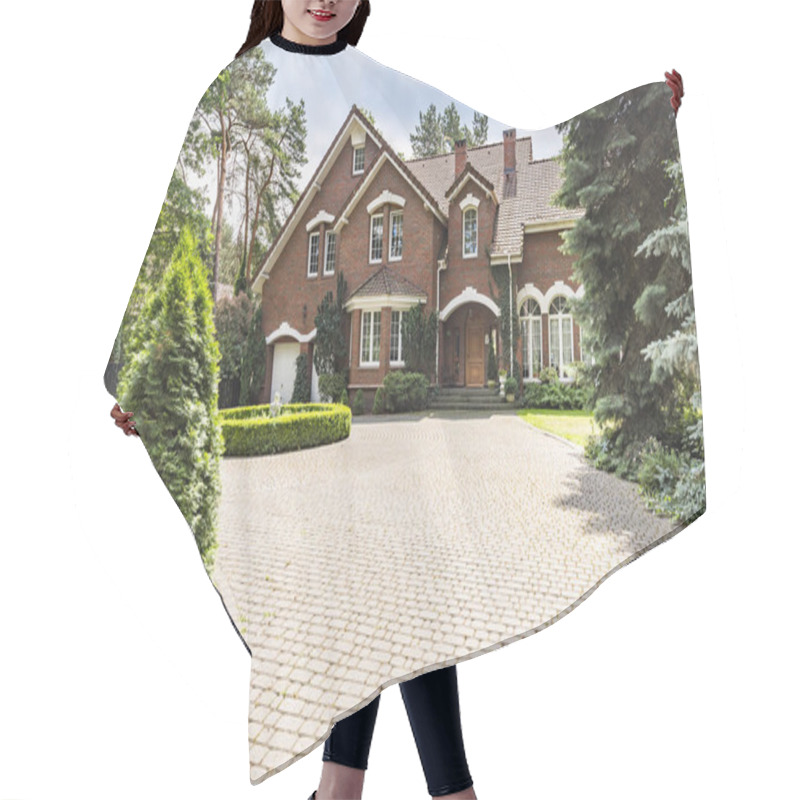 Personality  Large Cobbled Driveway In Front Of An Impressive Red Brick English Design Mansion Surrounded By Old Trees Hair Cutting Cape