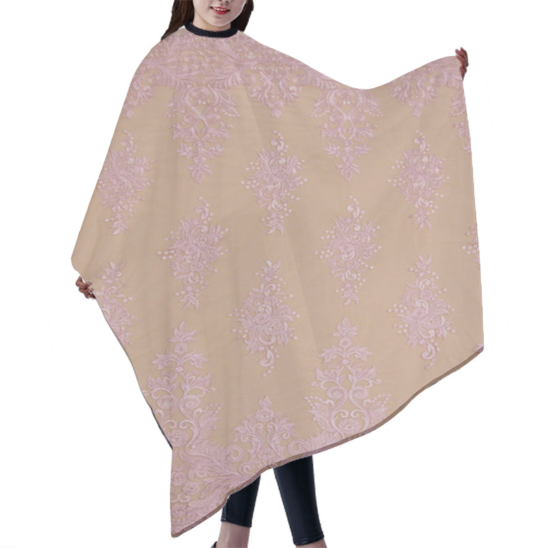 Personality  Texture Lace Fabric. Lace On White Background Studio. Thin Fabric Made Of Yarn Or Thread. A Background Image Of Ivory-colored Lace Cloth. Pink Lace On Beige Background. Hair Cutting Cape