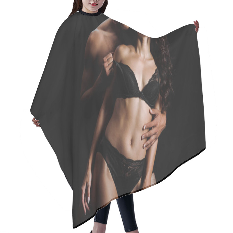 Personality  Cropped View Of Shirtless Man Undressing Happy Sexy Girl In Underwear Isolated On Black  Hair Cutting Cape