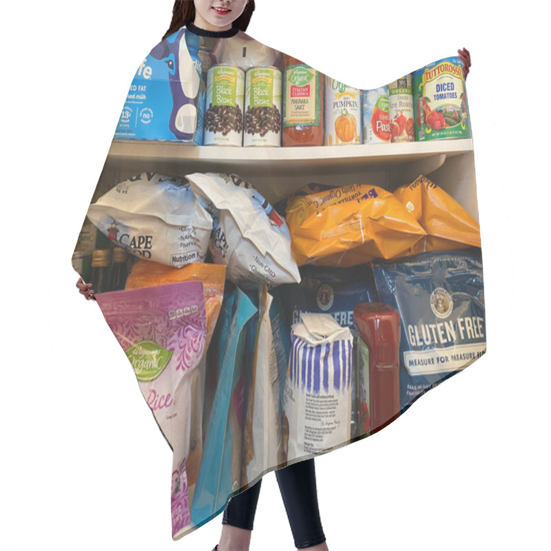 Personality  WOODBRIDGE, NEW JERSEY / USA - March 13, 2020: Dried And Shelf Stable Food Items Are Stored In A Residential Pantry, In Preparation For Potential Coronavirus Quarantine In This Illustrative Editorial Image. Hair Cutting Cape