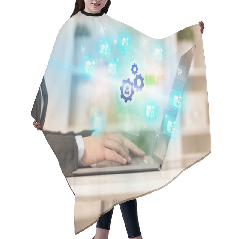 Personality  Businessman Working On Laptop With Gear Icons Coming Out From It, Successful Business Concept Hair Cutting Cape