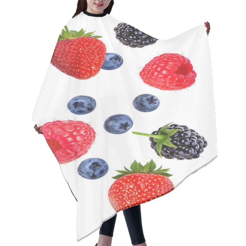 Personality  Berries In The Air. Falling Blackberry, Raspberry, Blueberry And Strawberry Fruits Isolated On White  Hair Cutting Cape