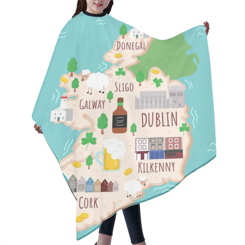 Personality  Cartoon Map Of Ireland. Travel Illustration With Irish Landmarks, Buildings, Food And Plants. Funny Tourist Infographics. National Symbols. Famous Attractions. Vector Illustration. Hair Cutting Cape