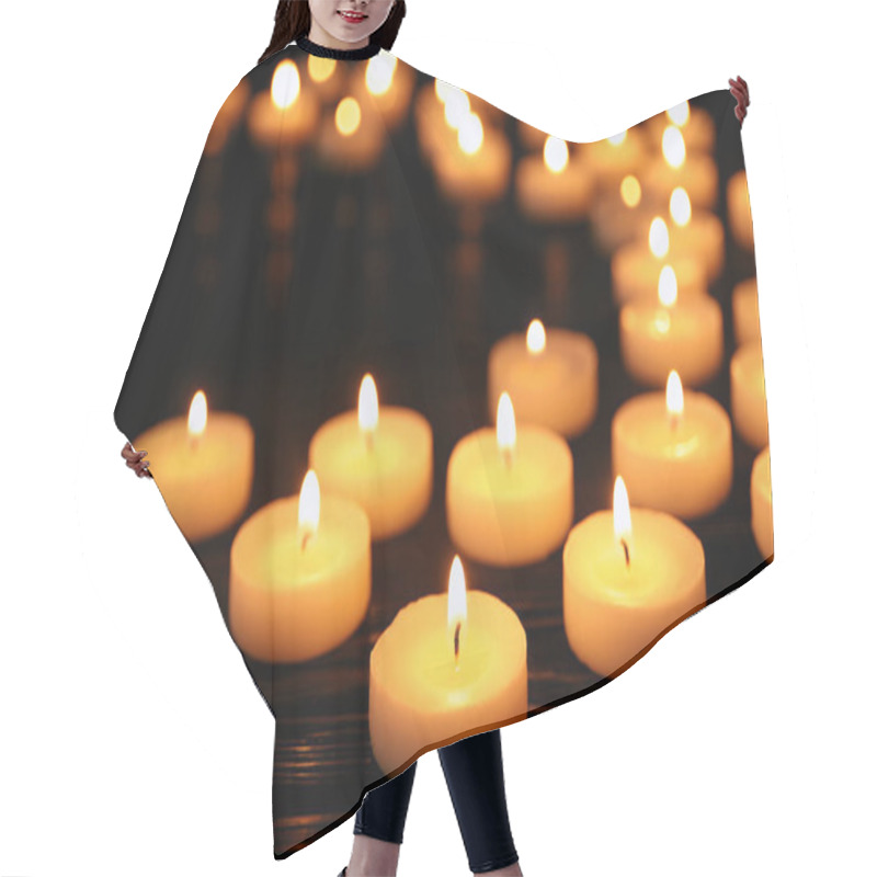 Personality  Many Burning Candles On Black Table In Darkness Hair Cutting Cape