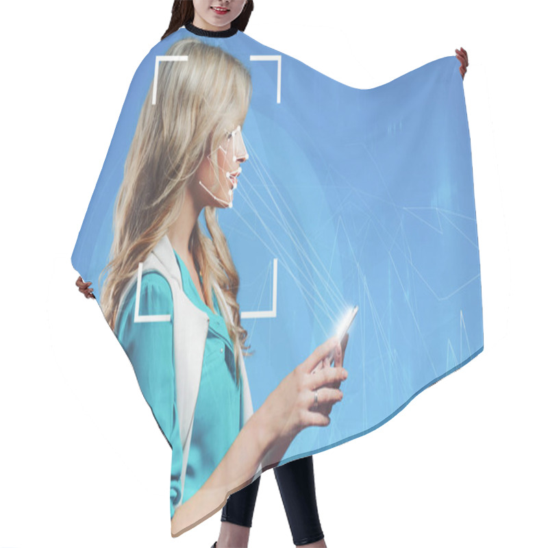 Personality  The Technology Of Facial Recognition. Portrait Of Beautiful Blonde Hair Cutting Cape