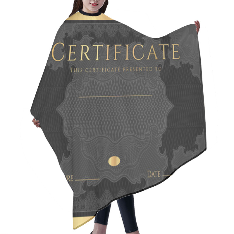 Personality  Certificate, Diploma Of Completion (design Template, Background) With Guilloche Pattern (watermark), Rosette, Border, Frame. Black, Gold Certificate Of Achievement / Education, Coupon, Award, Winner Hair Cutting Cape