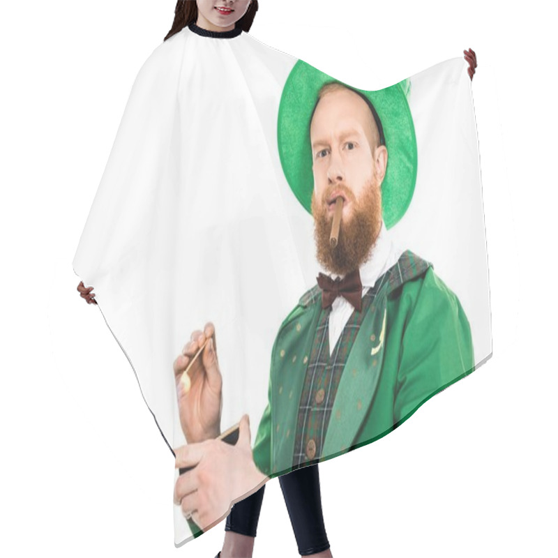 Personality  Leprechaun In Green Costume And Hat Smoking Cigar And Looking At Camera Isolated On White Hair Cutting Cape