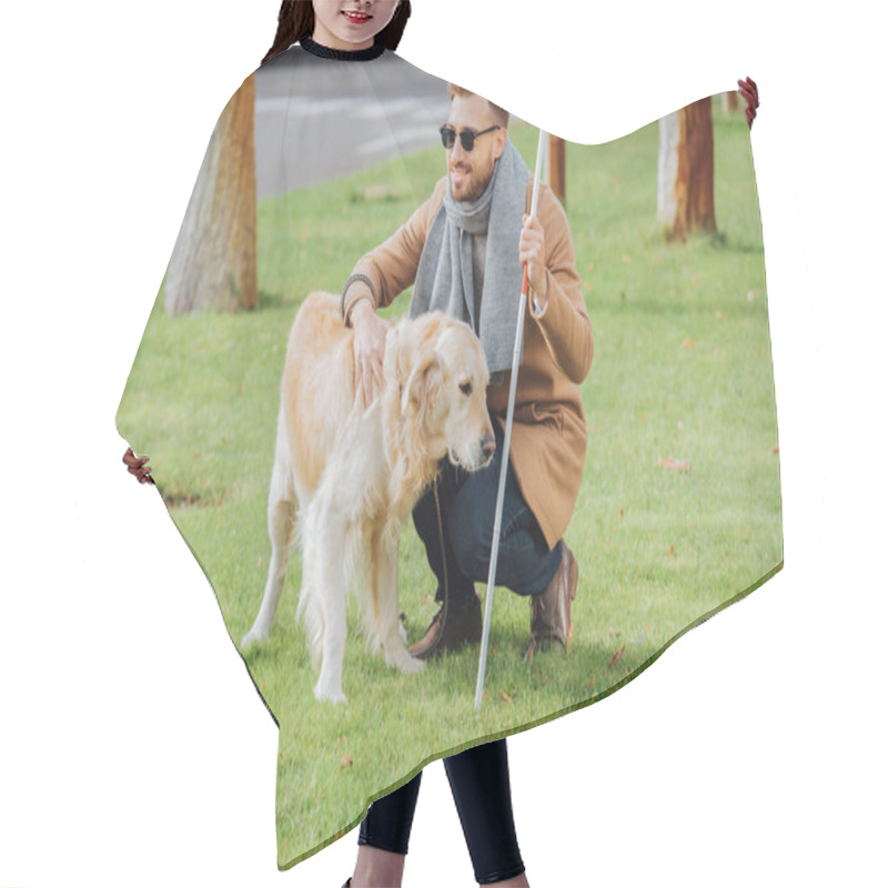 Personality  Smiling Blind Man With Walking Stick Petting Guide Dog On Lawn Hair Cutting Cape