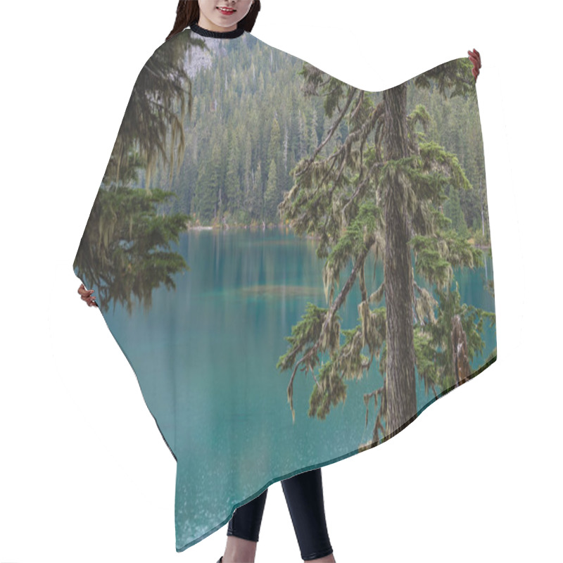 Personality  Calm Blue Waters Of Mowich Lake With Green Pine Trees Hair Cutting Cape