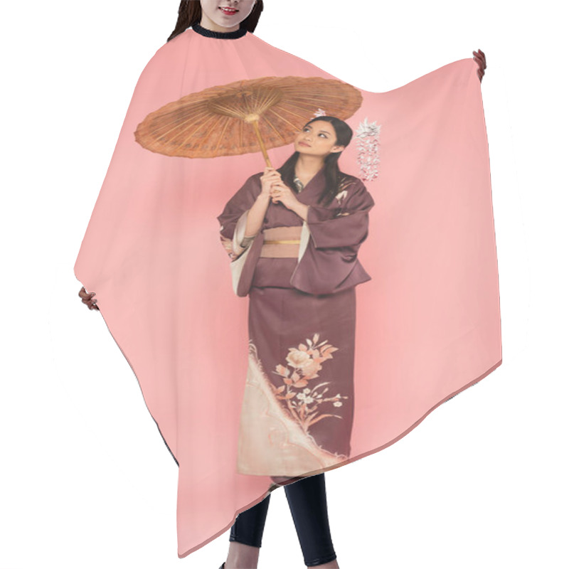 Personality  Young Japanese Woman Holding Umbrella On Pink Background Hair Cutting Cape