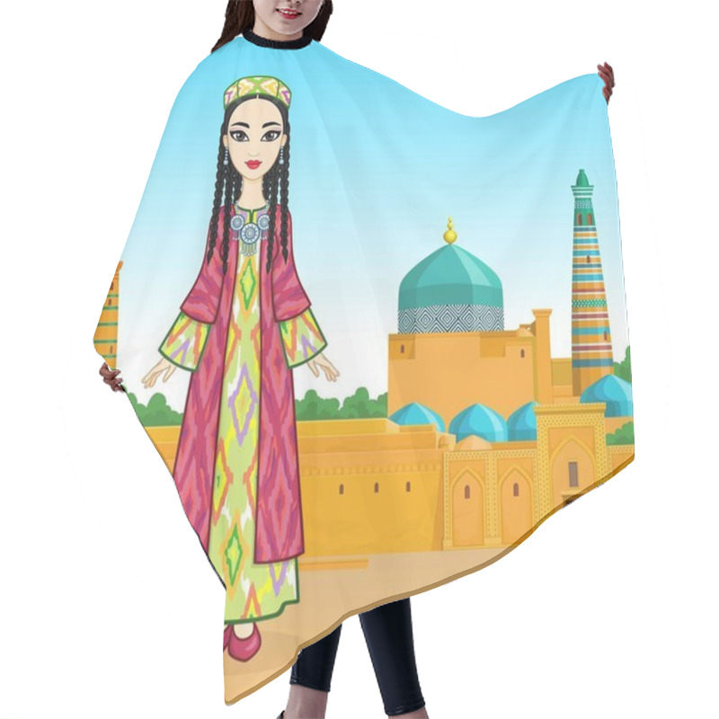 Personality  Animation Portrait Of A Beautiful Girl In Ancient National Clothes And Jewelry. Full Growth. Central Asia. Background - Summer Landscape, Ancient Palace.  Vector Illustration.   Hair Cutting Cape