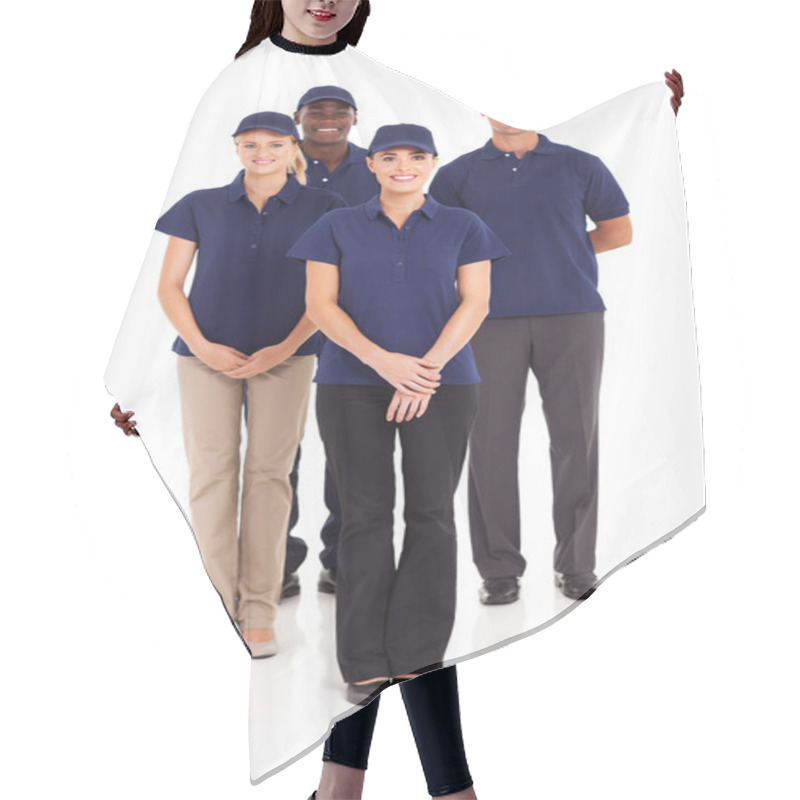 Personality  Group Of Delivery Service Staff Full Length Portrait On White Hair Cutting Cape