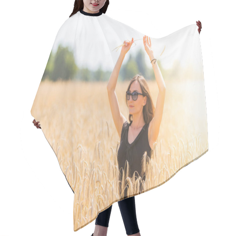 Personality  Young Woman Staying In The Middle Of A Italian Wheat Or Grain Field With A Sunset In Background / Non GMO And No Pesticides Product Hair Cutting Cape