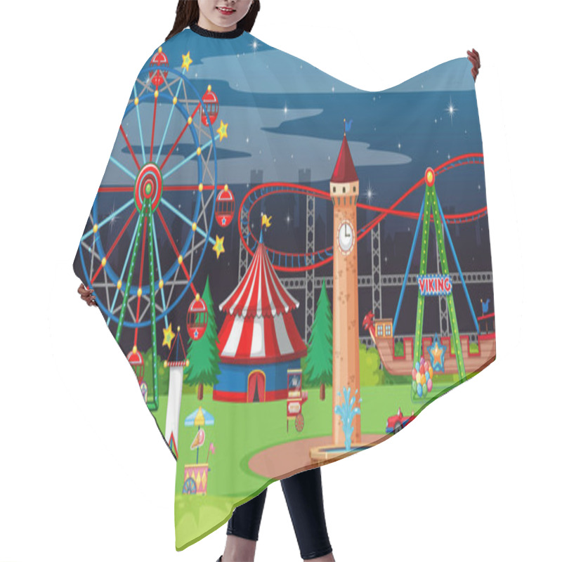 Personality  Scene With Many Circus Rides In The Park At Night Hair Cutting Cape