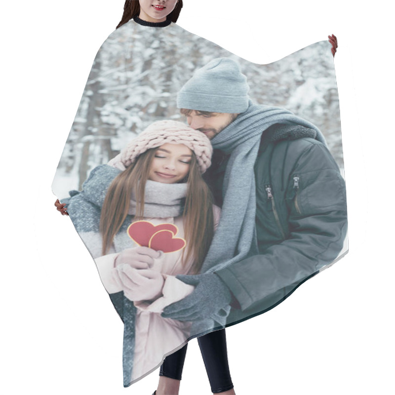 Personality  Tender Couple With Red Hearts In Snowy Park On Winter Day Hair Cutting Cape