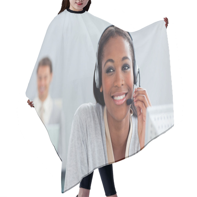 Personality  Radiant Businesswoman Using Headset At Her Desk Hair Cutting Cape