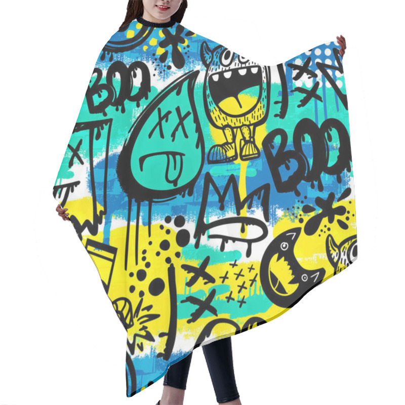 Personality    Hand Drawn Pattern With Monsters For Boys. Slogans, Graffiti Background. For Children's Textiles, Wrapping Paper, Prints Hair Cutting Cape