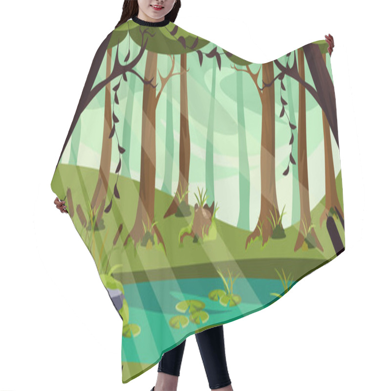 Personality  Vector Illustration Of A Beautiful Summer Swamp. Cartoon Forest Landscape With Swamp, Trees, Reeds, Stumps. Hair Cutting Cape