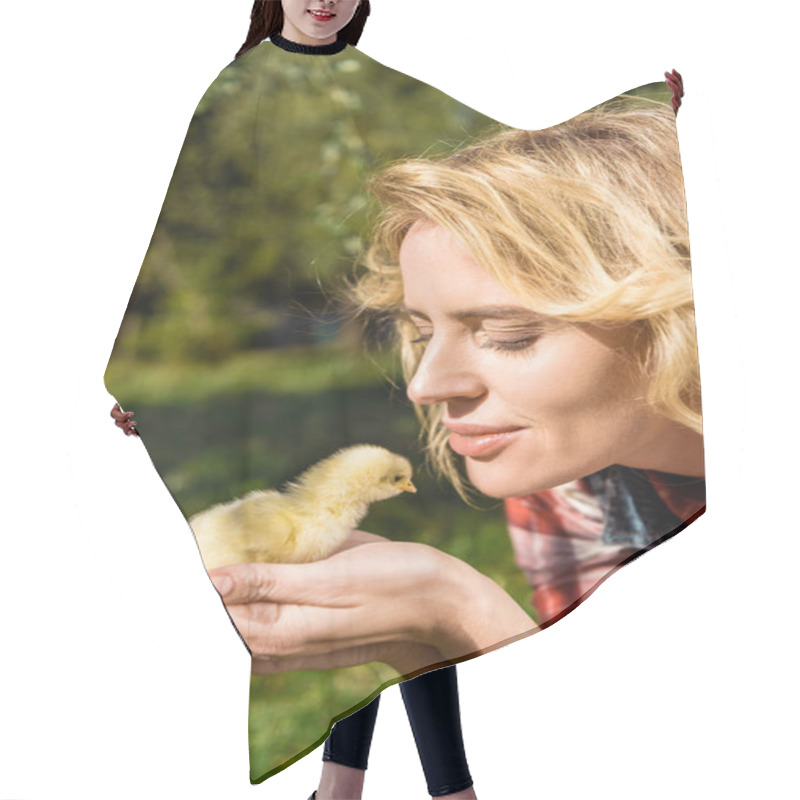 Personality  Smiling Woman Holding Adorable Yellow Baby Chick Outdoors  Hair Cutting Cape