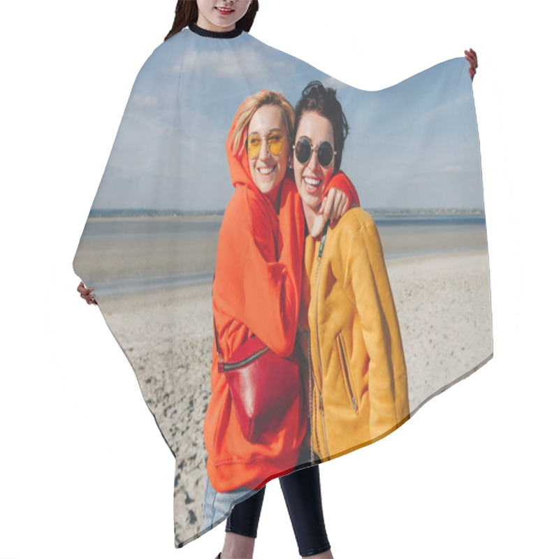 Personality  Happy Female Friends Hugging On Sandy Beach, Saint Michaels Mount, Normandy, France Hair Cutting Cape