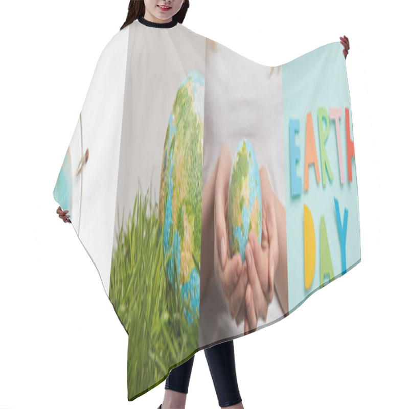 Personality  Collage Of Woman Holding Globe, Green Grass And Earth Day Lettering, Eco Friendly Concept  Hair Cutting Cape