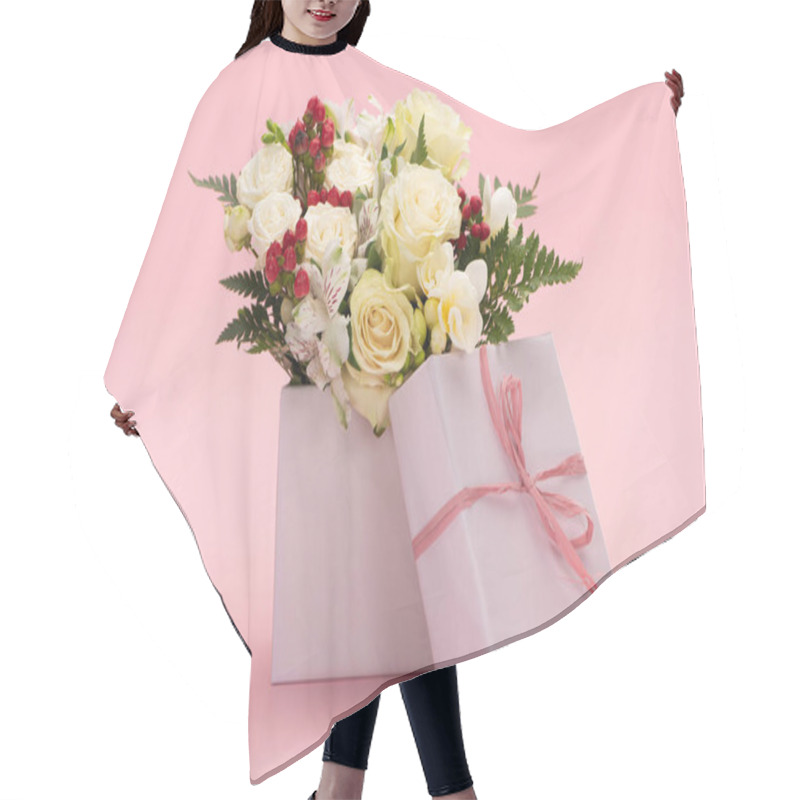 Personality  Bouquet Of Flowers In Festive Gift Box With Bow On Pink Background Hair Cutting Cape