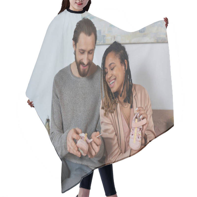 Personality  Happy African American Woman Holding Baby Shoes Near Husband, Future Parents, Expectation, Cute Hair Cutting Cape