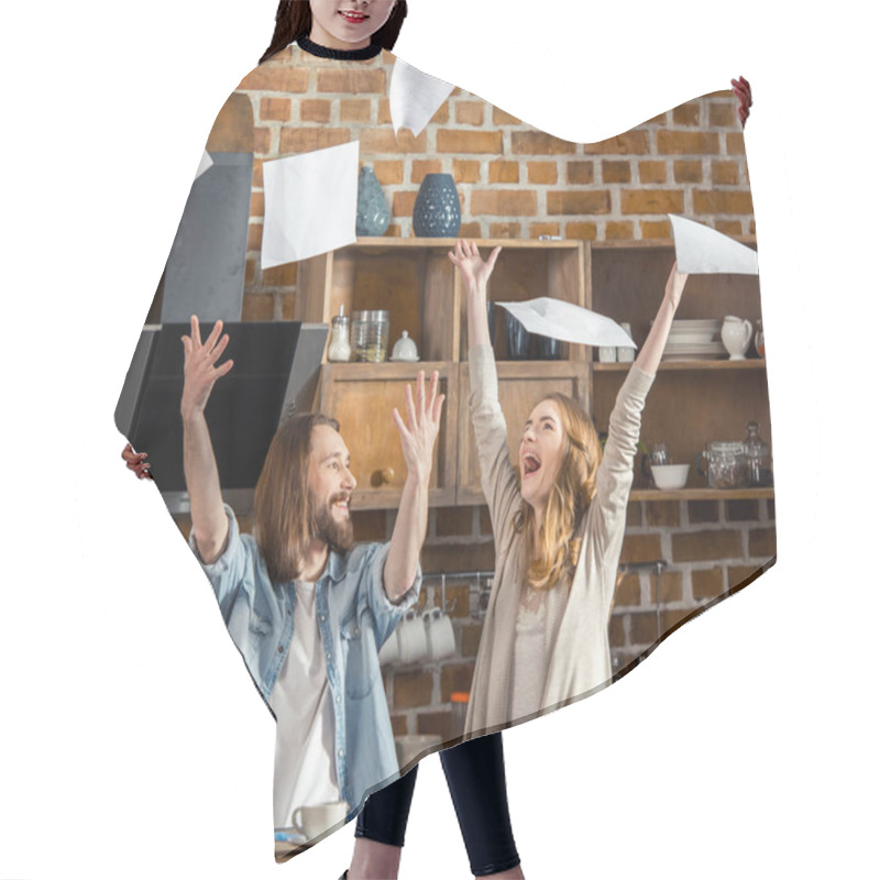 Personality  Young Couple Throwing Documents Hair Cutting Cape